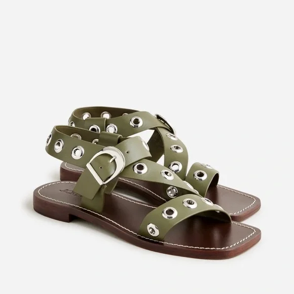 J.Crew Grommet cross-strap sandals in leather, olive size 7 - Picture 1 of 7
